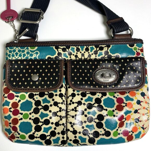 Vintage Fossil Key-Per Floral Coated Canvas Crossbody Purse Handbag Shoulder Bag - Picture 1 of 14